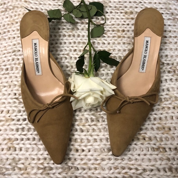 Manolo Blahnik Shoes - Tan Suede Manolo Blahnik Slides w/ Kitten Heel